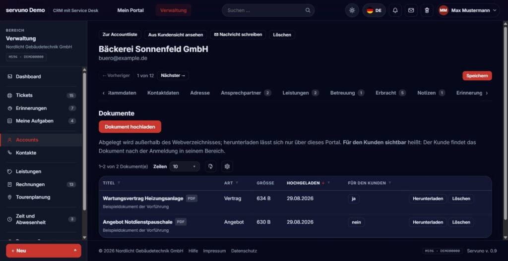 Dokumente an einem Account in servuno mit Titel, Dokumentart, Größe und Sichtbarkeit für den Kunden