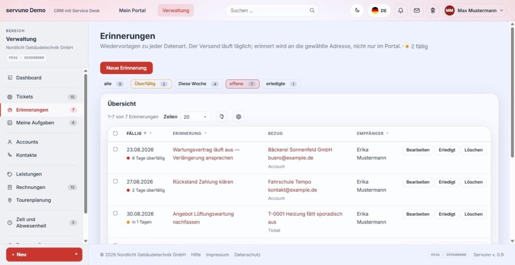 Liste der Erinnerungen in servuno mit Fälligkeit, Bezug zu Account oder Ticket und Empfänger
