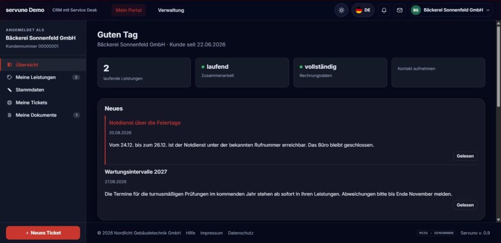 Kundenansicht des Portals mit laufenden Leistungen, Meldungen und Rechnungsanschrift