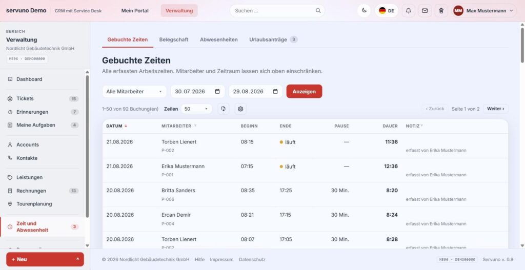 Erfasste Arbeitszeiten in servuno mit Mitarbeiter, Beginn, Ende, Pause und Dauer