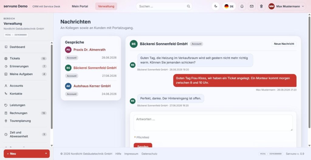 Schriftwechsel mit einem Kunden im servuno-Portal, Nachrichten von beiden Seiten untereinander