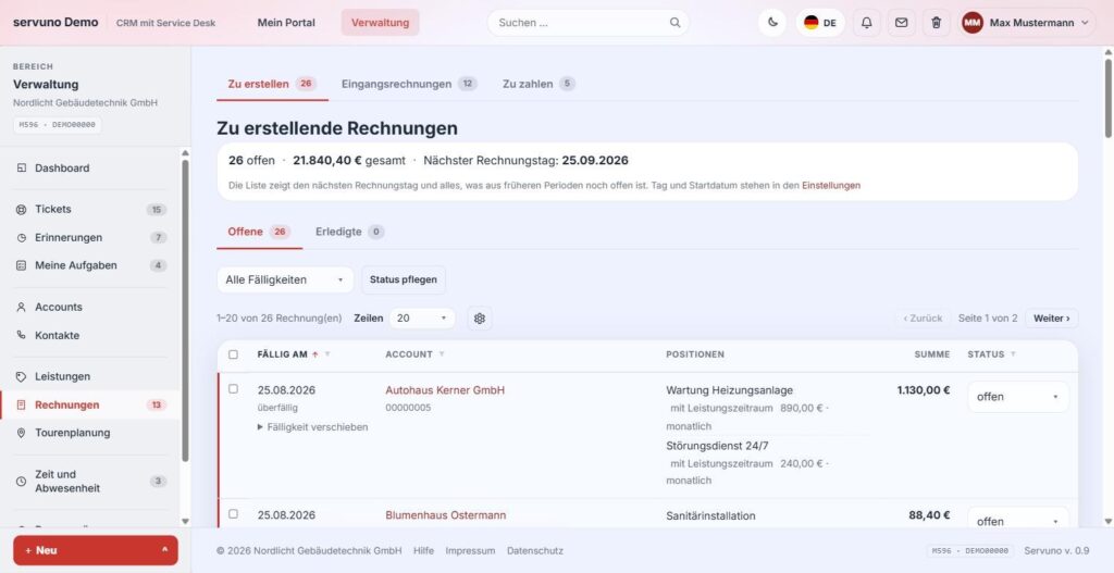 Liste der zu erstellenden Rechnungen in servuno mit Fälligkeit, Account, Positionen und Summe