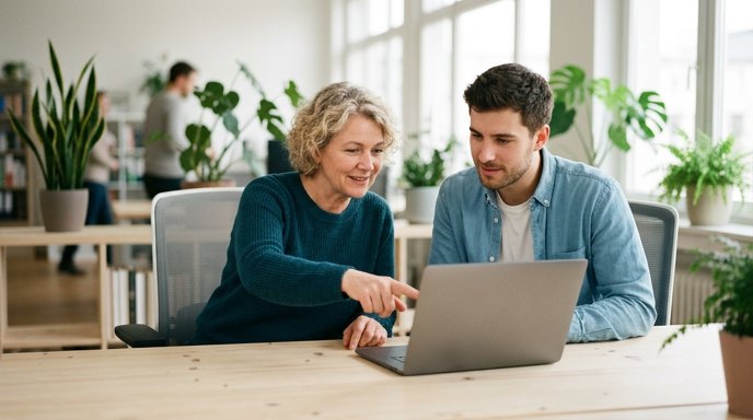 Zwei Kollegen sehen sich gemeinsam das servuno-Portal am Laptop an