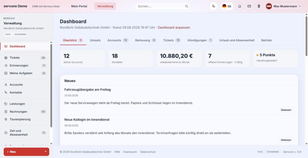 Übersichtsseite der servuno-Verwaltung mit Kennzahlen zu Accounts, Umsatz und offenen Erinnerungen